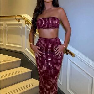 Burgundy Studded High-Waist Maxi Skirt Set